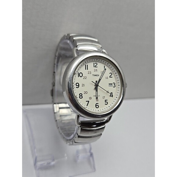 Timex T2P015 Camper Indiglo 37mm Quartz White Dial Date Silver Tone New Battery - Picture 3 of 13